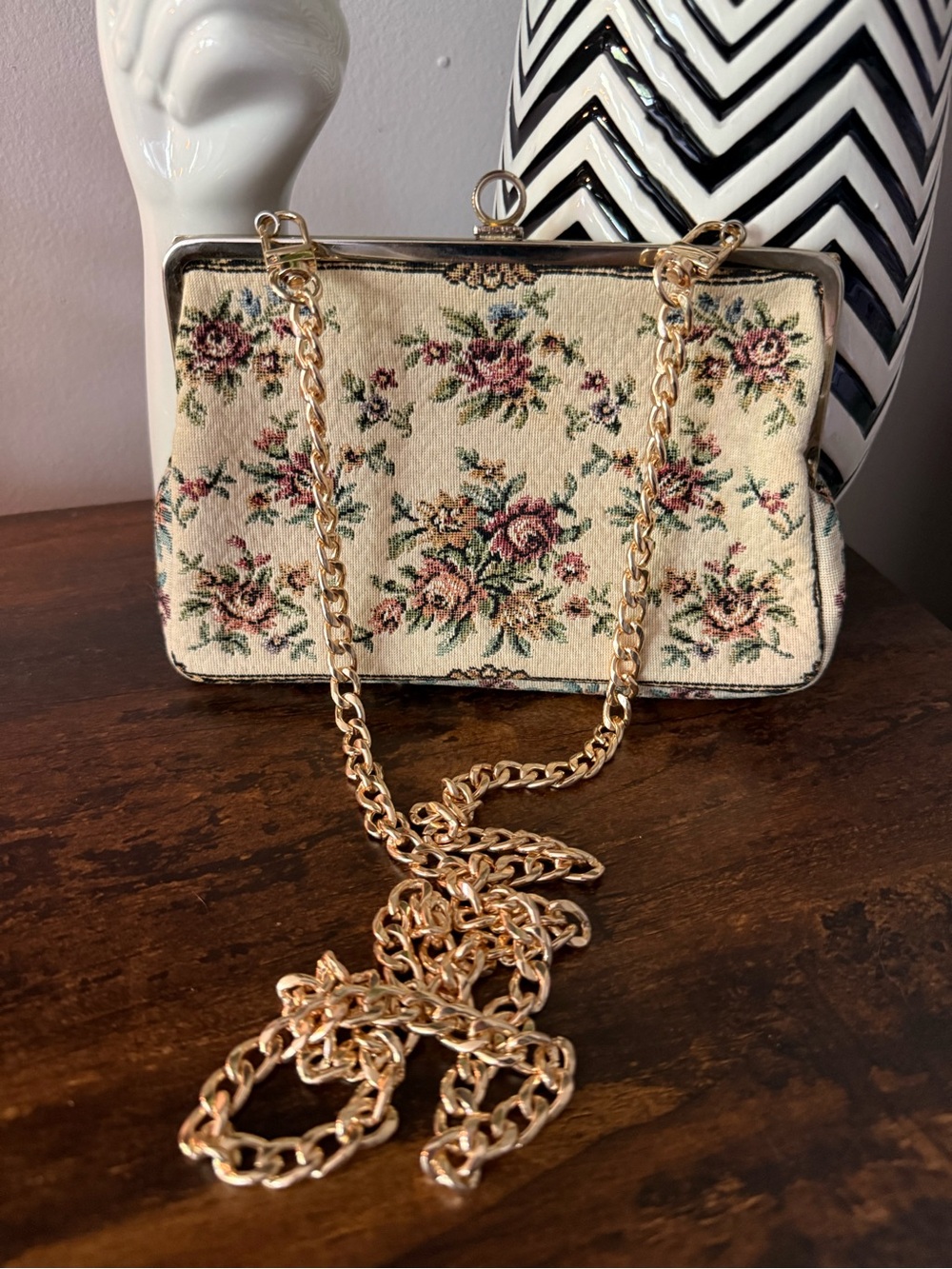 Vintage 1950’s Walborg Floral Tapestry Clutch with Gold Chain